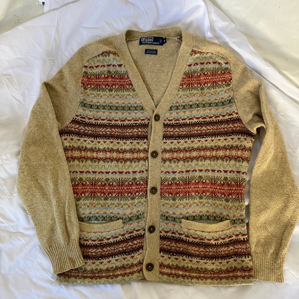 Vintage Polo by Ralph Lauren Beige Fair Isle Button-Up Cardigan Men’s M - Picture 4 of 9
